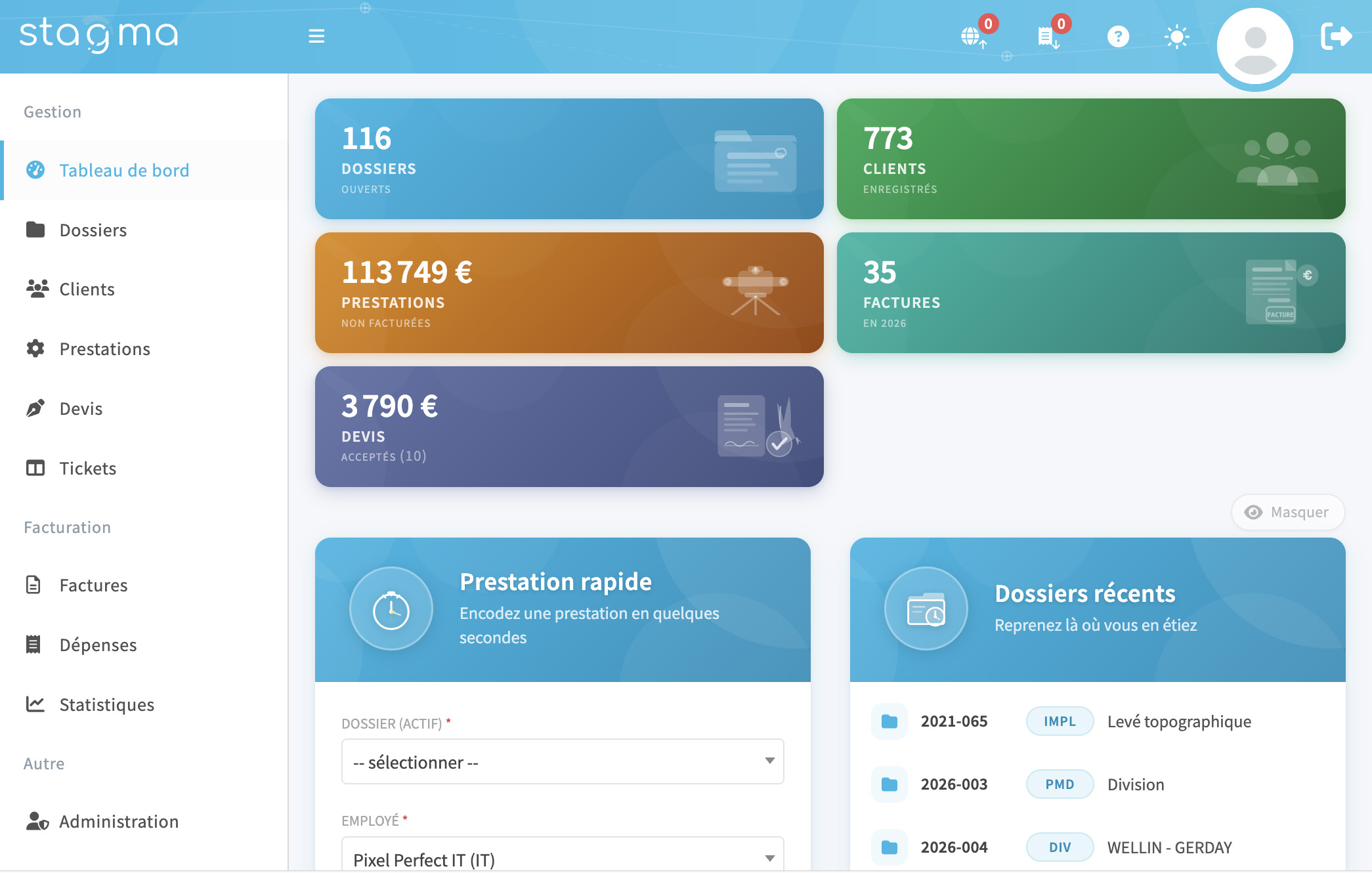 Tableau de bord Stagma